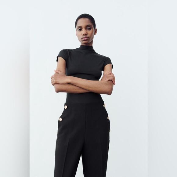 Zara Black BUTTONED STRAIGHT LEG PANTS Size Small - Picture 5 of 12